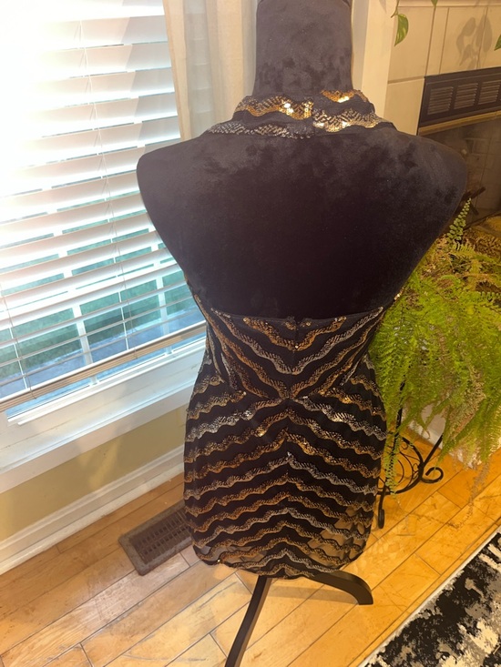 Halston Heritage Black and Gold Sequin Halter Mini Dress